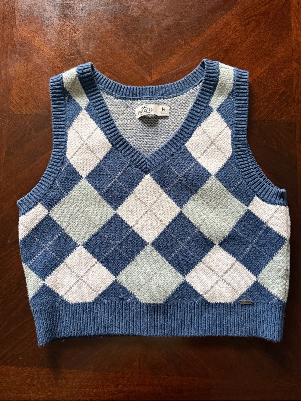 Hollister Blue and White Argyle V-Neck Sweater Vest